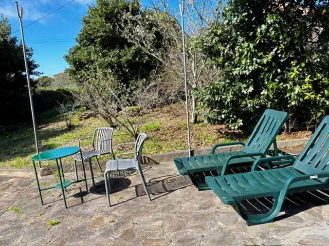 Espreguiçadeiras e mesa no jardim